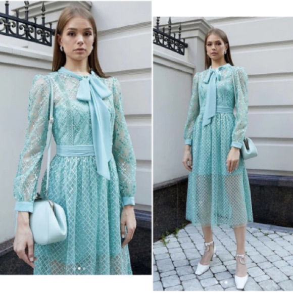 Self-Portrait Lace Long Sleeve Dress In Light Blue Size 2